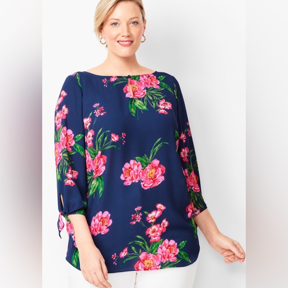 Talbots Tops - Talbots Vibrant Pink Floral Pattern Blouse Keyhole Back Tie Cuffs Size P( small)